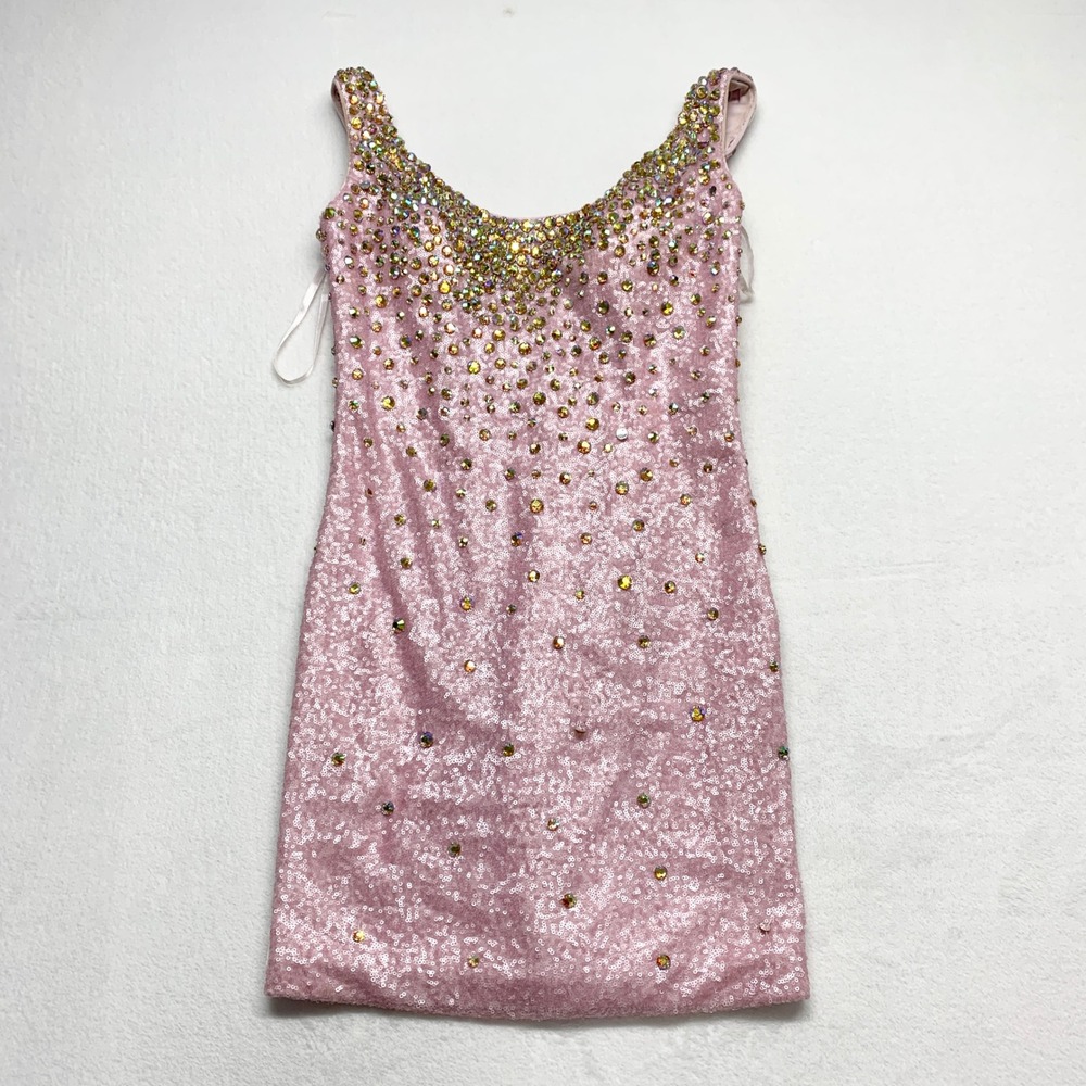 La‎ Femme Sequin Crystal Mini Dress Womens Sz 6 Pink Glam Homecoming Y2K